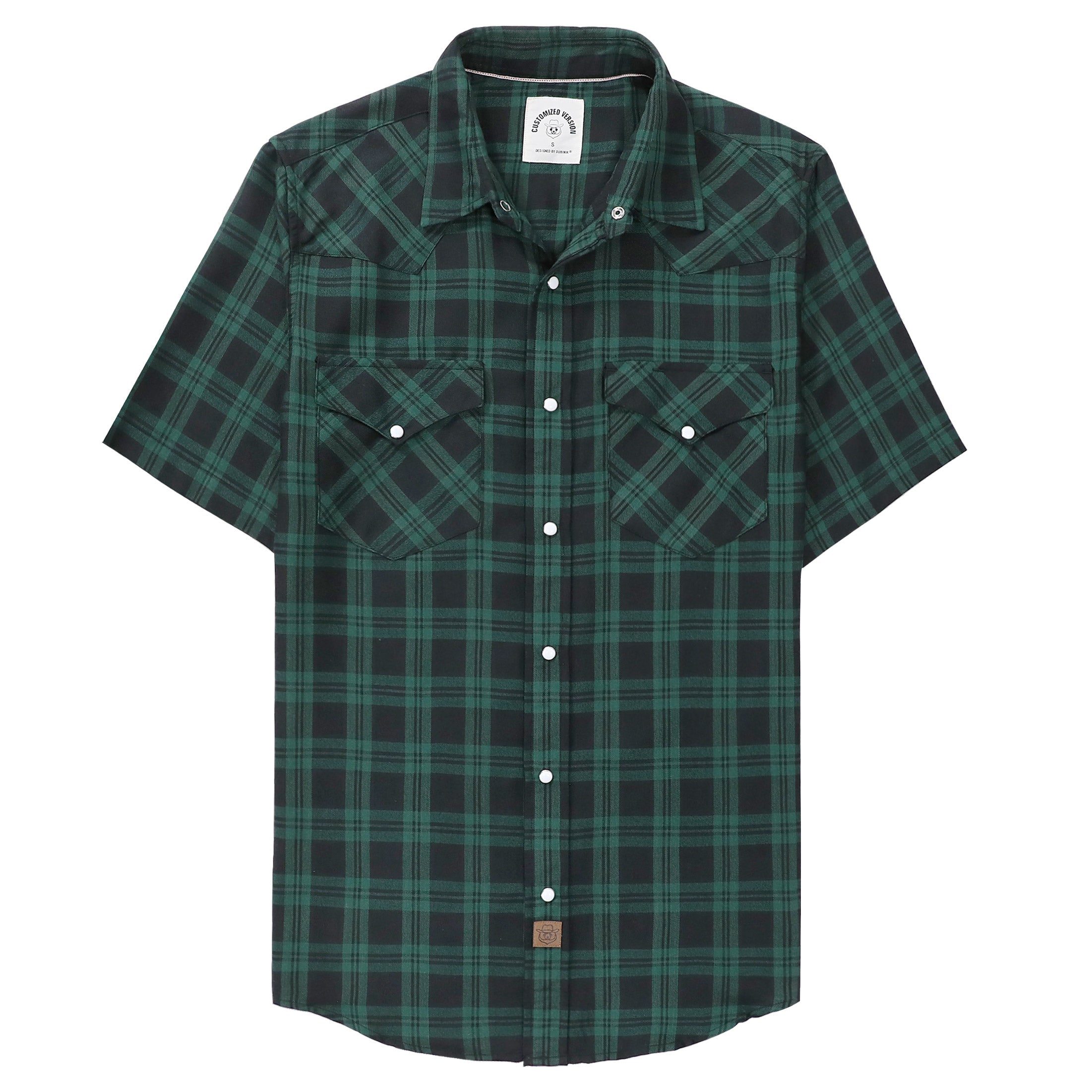 Dubinik®Bamboo Fiber Mens Shirts Short Sleeve Green Plaid Shirt Men Western Cowboy Pearl Snap Vintage Casual Plaid Shirt #29204