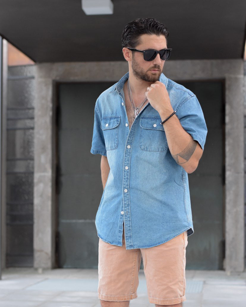 Men's cotton short-sleeved denim shirt #5502