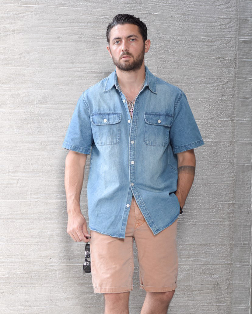 Men's cotton short-sleeved denim shirt #5502
