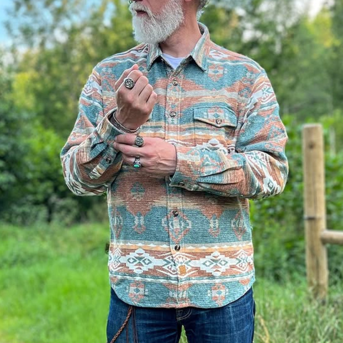 Dubinik® 10oz Ultra Heavyweight Mens Aztec Orange Green Flannel Shirt Long Sleeve Button Down All Cotton Soft Brushed Cowboy Utility Casual Shirt Jacket#30027