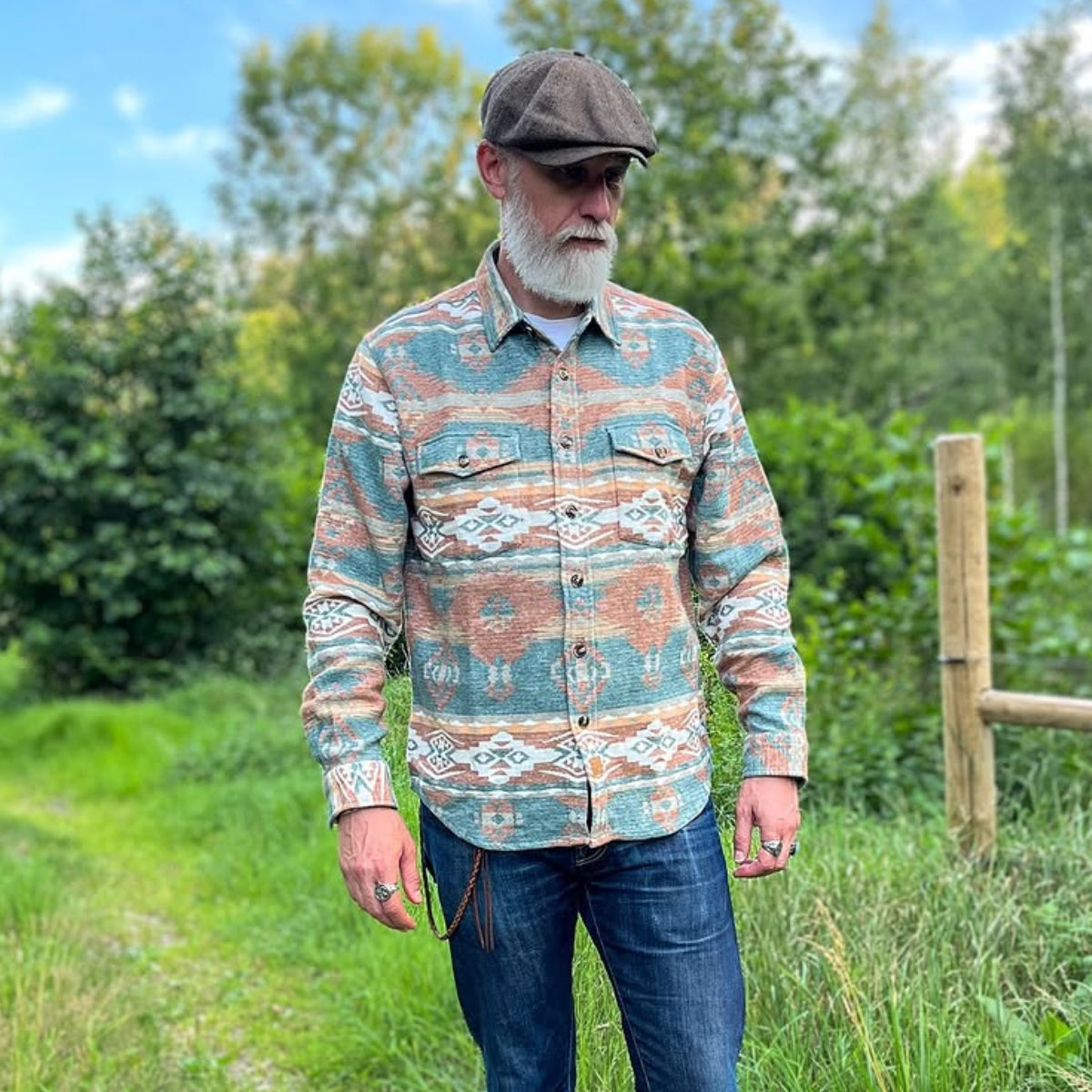 Dubinik® 10oz Ultra Heavyweight Mens Aztec Orange Green Flannel Shirt Long Sleeve Button Down All Cotton Soft Brushed Cowboy Utility Casual Shirt Jacket#30027