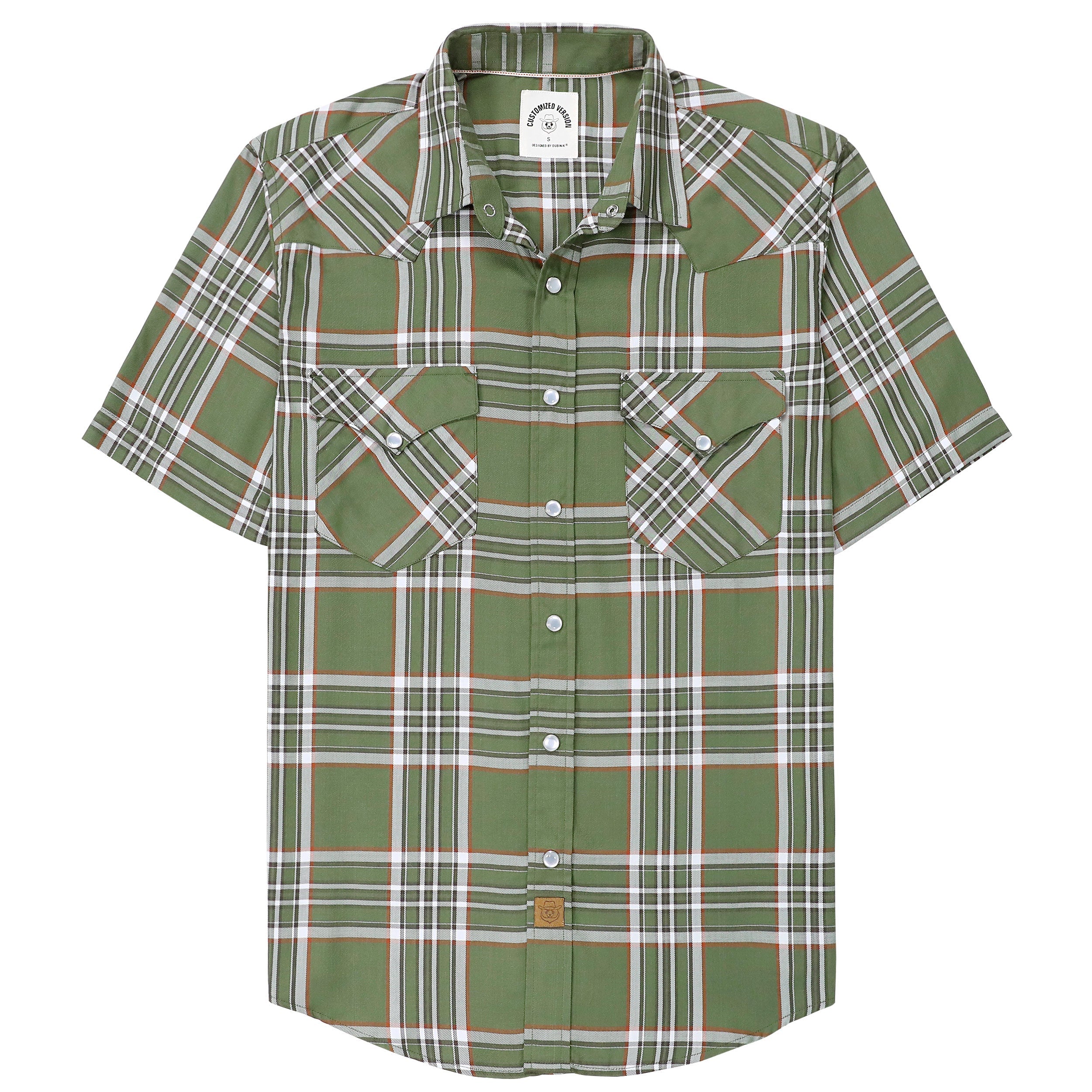 Dubinik®Bamboo Fiber Mens Shirts Short Sleeve Army Green Plaid Shirt Men Western Cowboy Pearl Snap Vintage Casual Plaid Shirt #29301