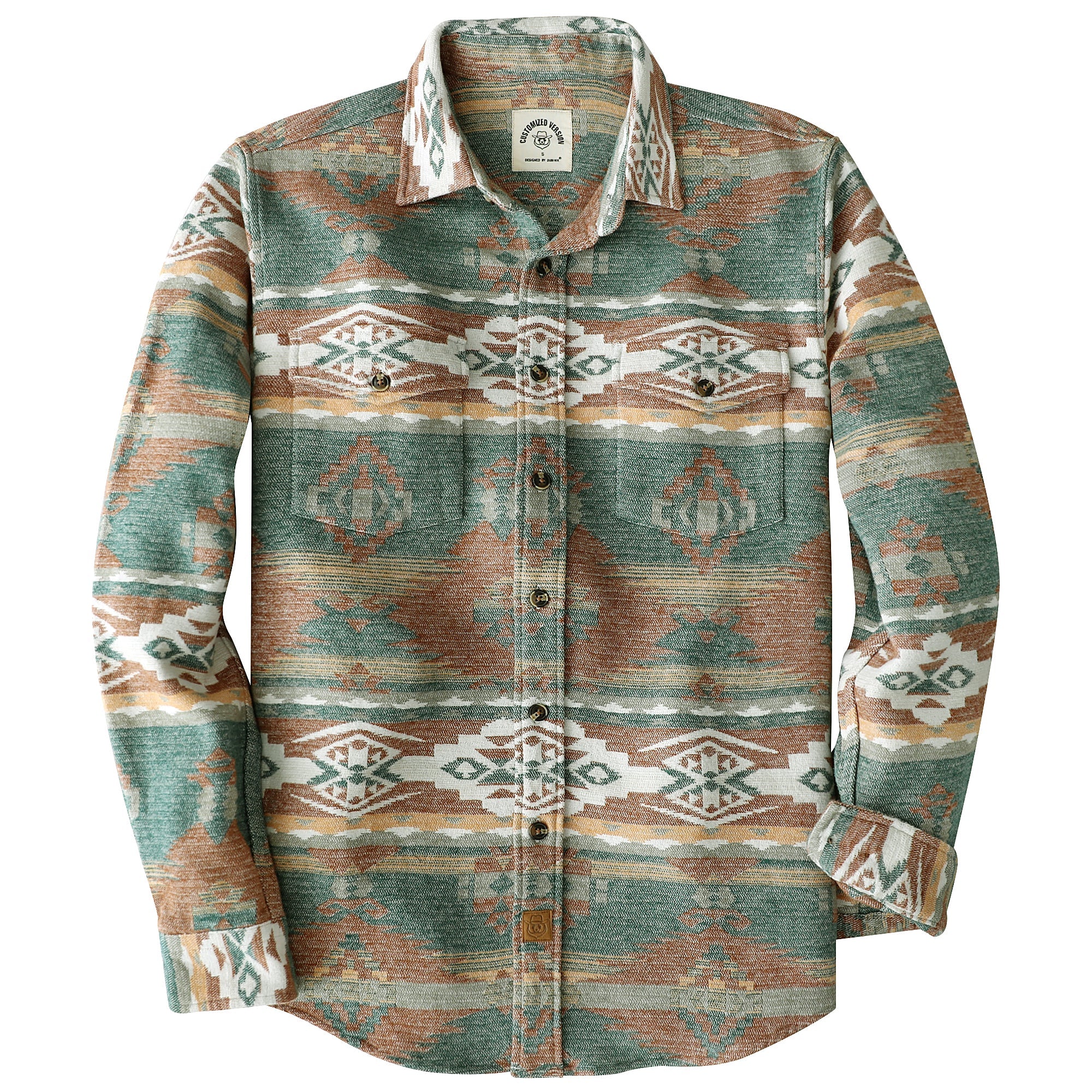 Dubinik® 10oz Ultra Heavyweight Mens Aztec Orange Green Flannel Shirt Long Sleeve Button Down All Cotton Soft Brushed Cowboy Utility Casual Shirt Jacket#30027