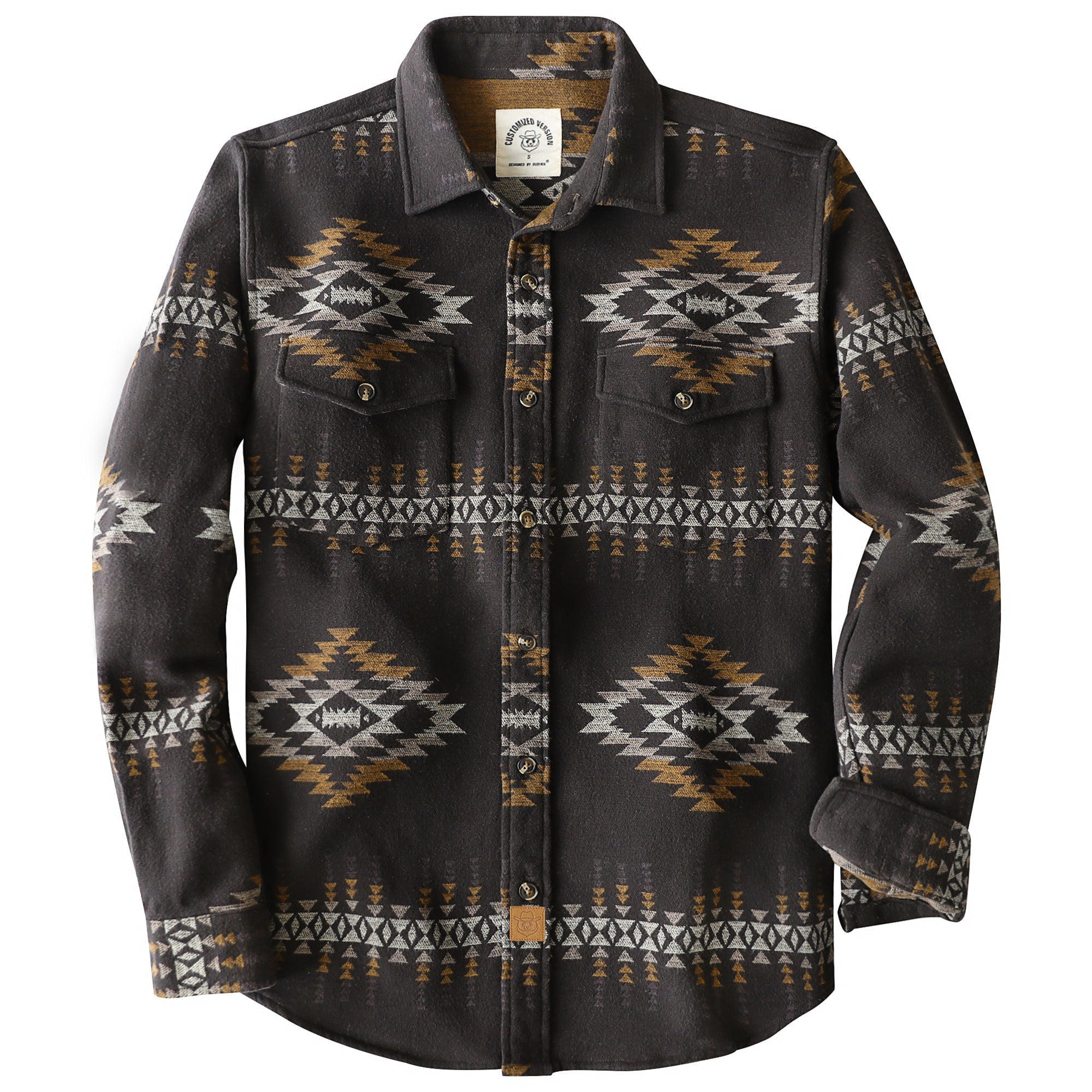 Dubinik® 10oz Ultra Heavyweight Mens Aztec Flannel Shirt Long Sleeve Button Down All Cotton Soft Brushed Cowboy Utility Casual Shirt Jacket#30028