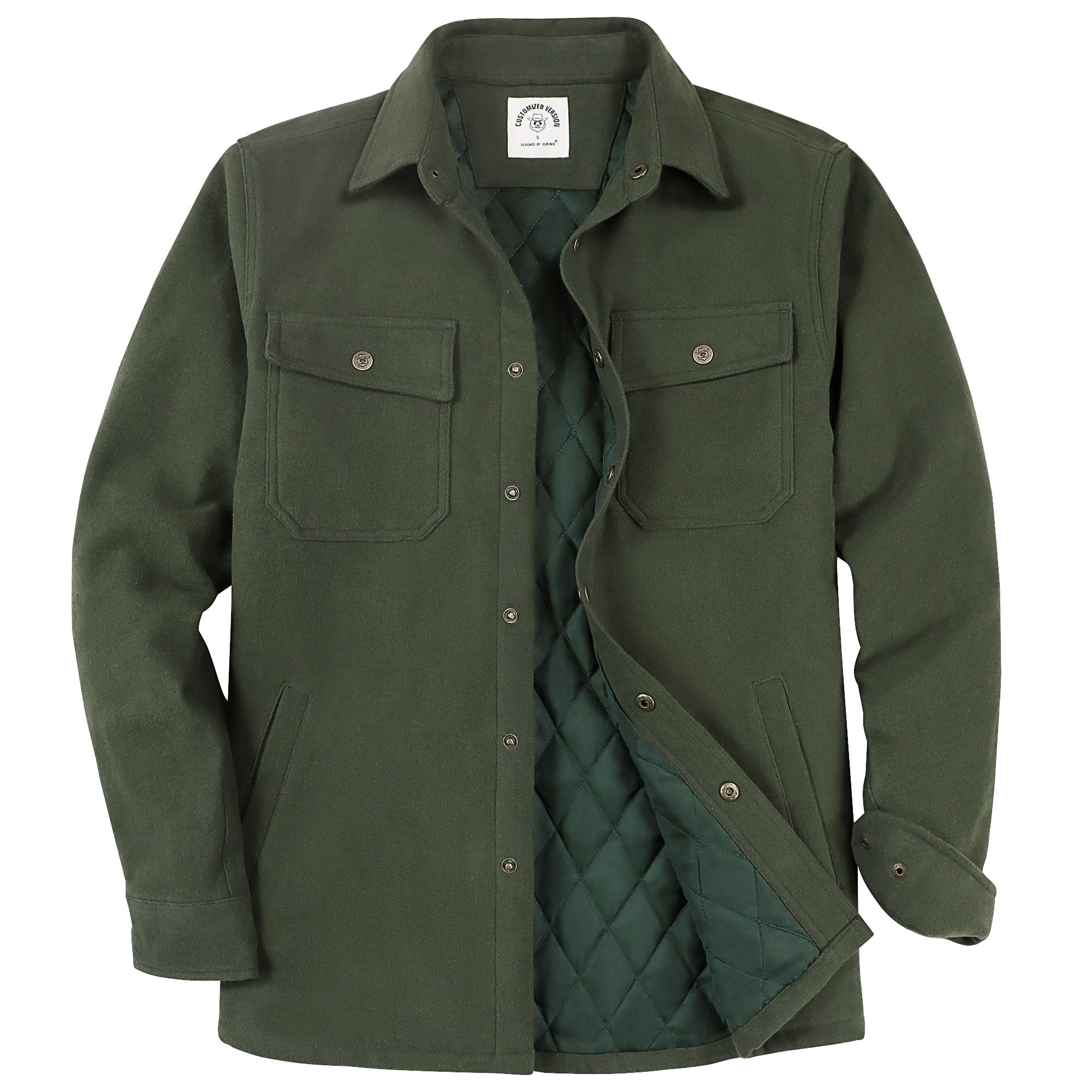 Dubinik® Men’s Overshirt Shacket – Cozy Warm-Lined Olive Green Solid Plaid Flannel, Lightweight Casual Button-Down Long Sleeve Jacket #0181004