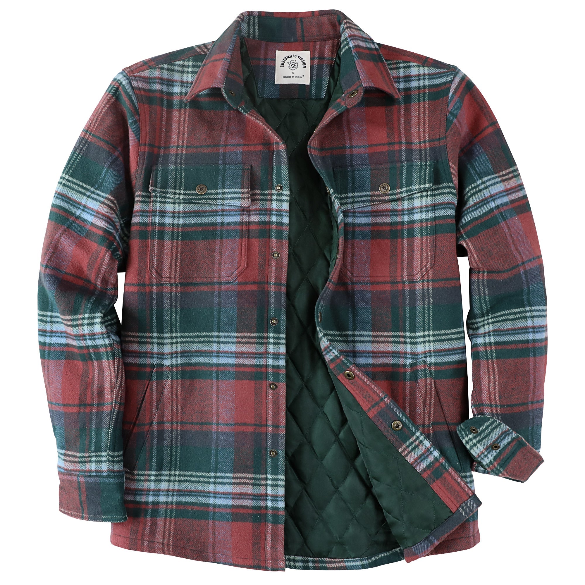 Dubinik® Men’s Overshirt Shacket – Cozy Warm-Lined Green Plaid Flannel, Lightweight Casual Button-Down Long Sleeve Jacket #0181014
