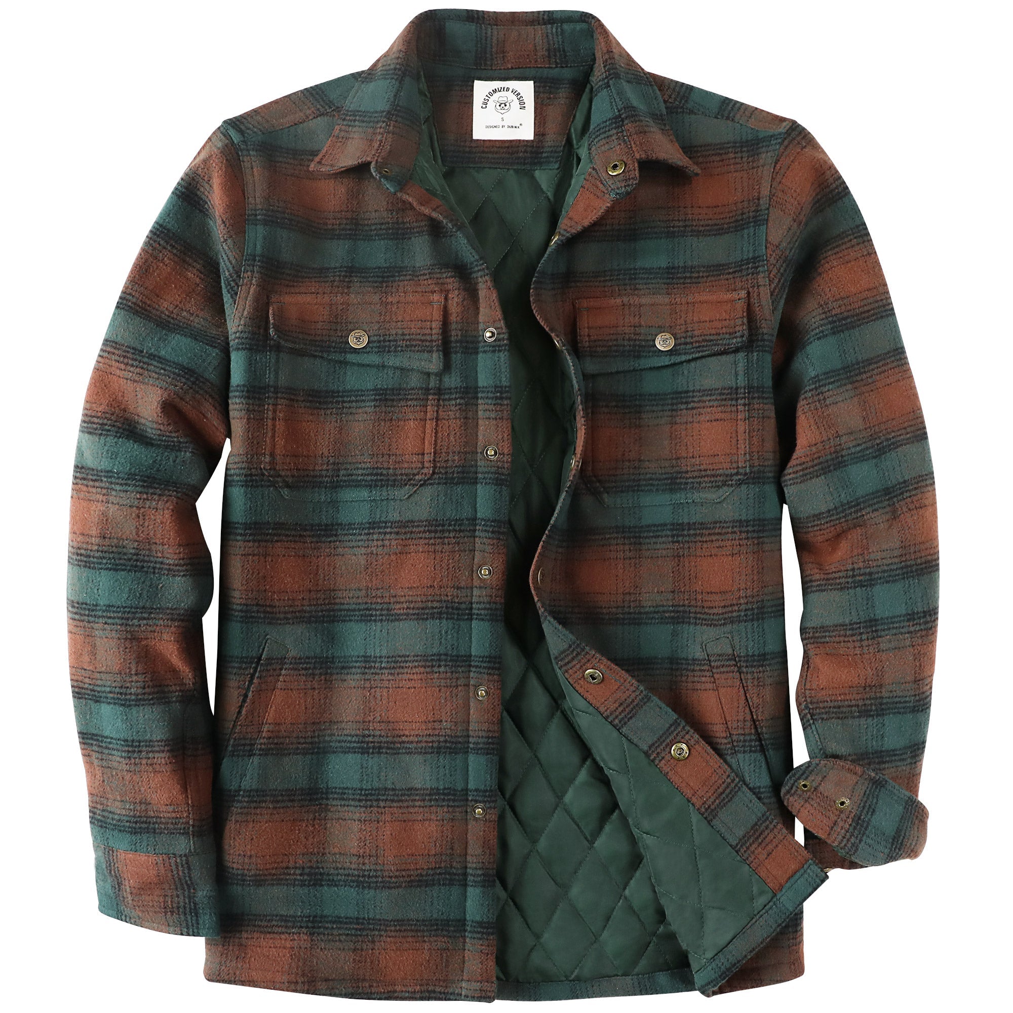 Dubinik® Men’s Overshirt Shacket – Cozy Warm-Lined Green Plaid Flannel, Lightweight Casual Button-Down Long Sleeve Jacket #0181015