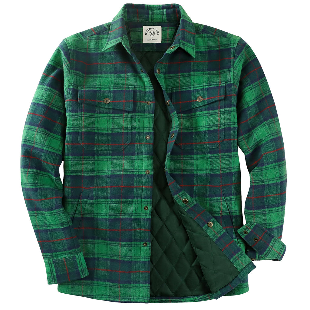 Dubinik® Men’s Overshirt Shacket – Cozy Warm-Lined Green Plaid Flannel, Lightweight Casual Button-Down Long Sleeve Jacket #0181009