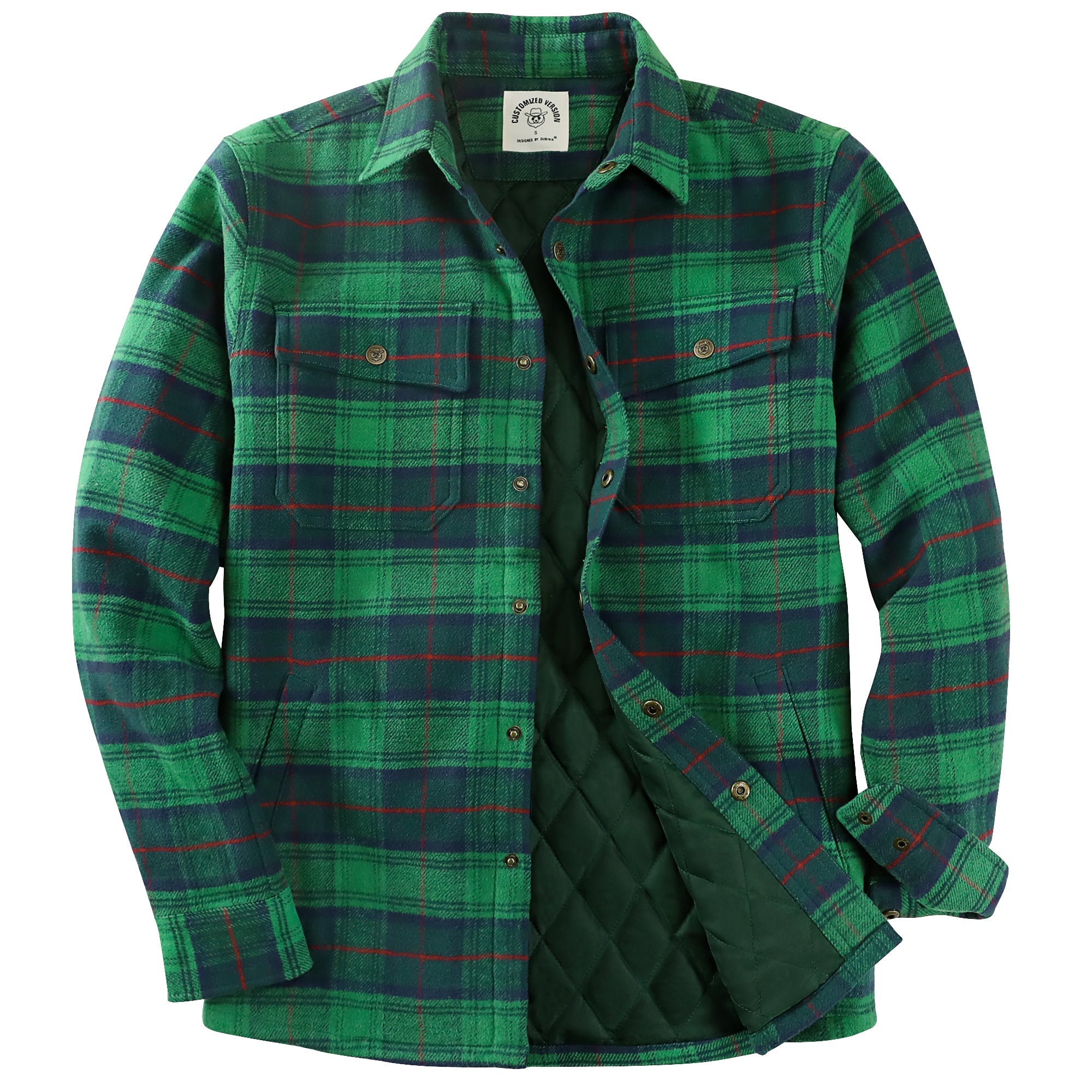 Dubinik® Men’s Overshirt Shacket – Cozy Warm-Lined Green Plaid Flannel, Lightweight Casual Button-Down Long Sleeve Jacket #0181009