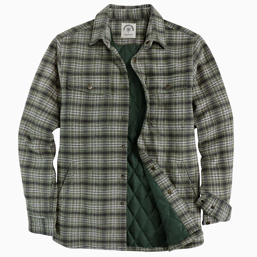 Dubinik® Men’s Overshirt Shacket – Cozy Warm-Lined Green Plaid Flannel, Lightweight Casual Button-Down Long Sleeve Jacket #0181008
