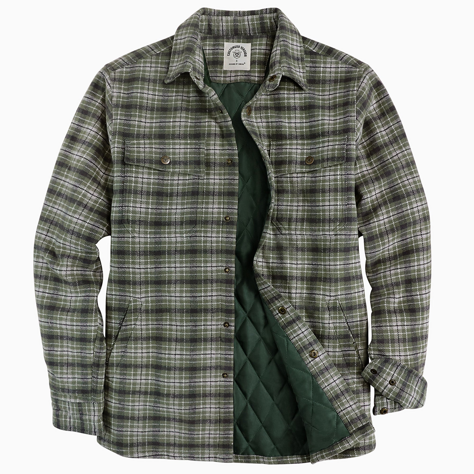Dubinik® Men’s Overshirt Shacket – Cozy Warm-Lined Green Plaid Flannel, Lightweight Casual Button-Down Long Sleeve Jacket #0181008