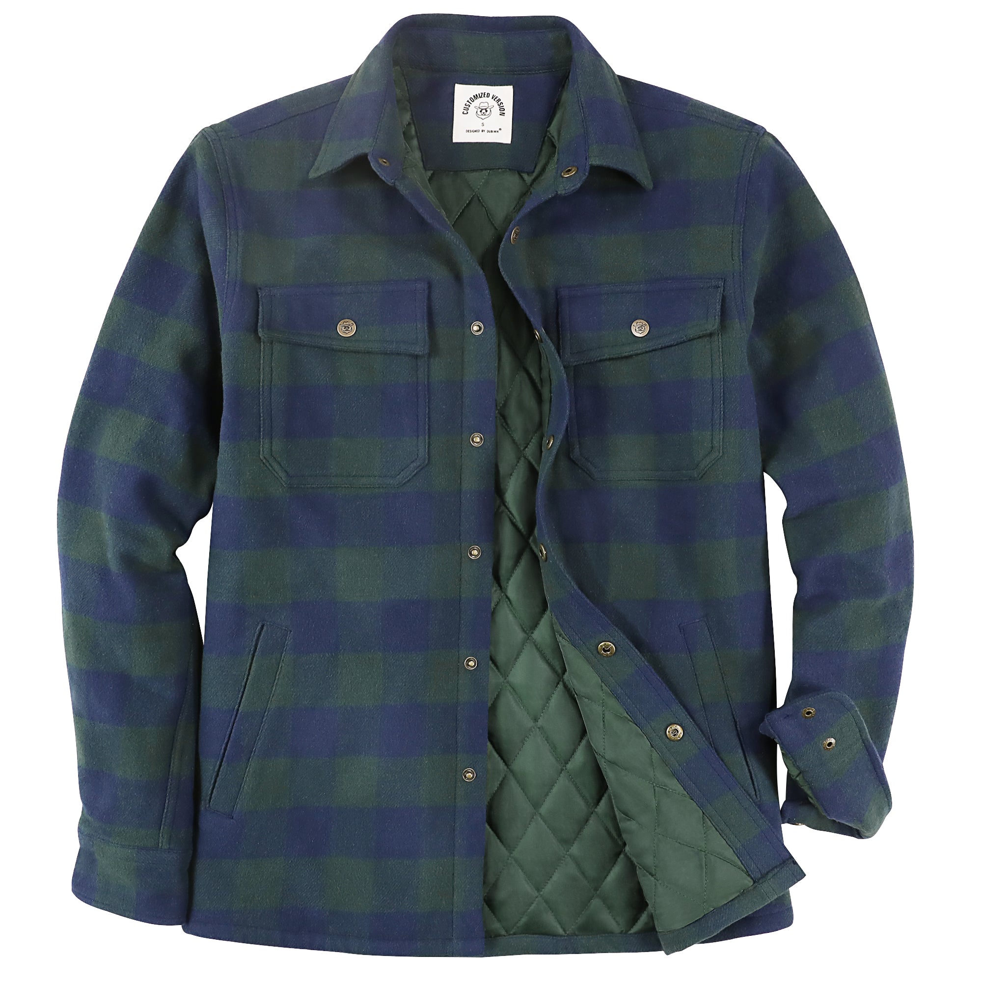 Dubinik® Men’s Overshirt Shacket – Cozy Warm-Lined Green Plaid Flannel, Lightweight Casual Button-Down Long Sleeve Jacket #0181016