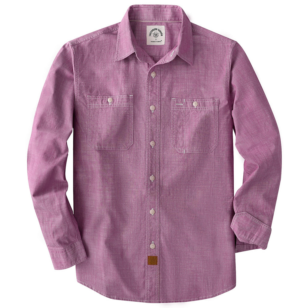 Dubinik® Dark Pink Chambray Long Sleeve Button-Front Closure Pocket Cotton Workshirt#58012