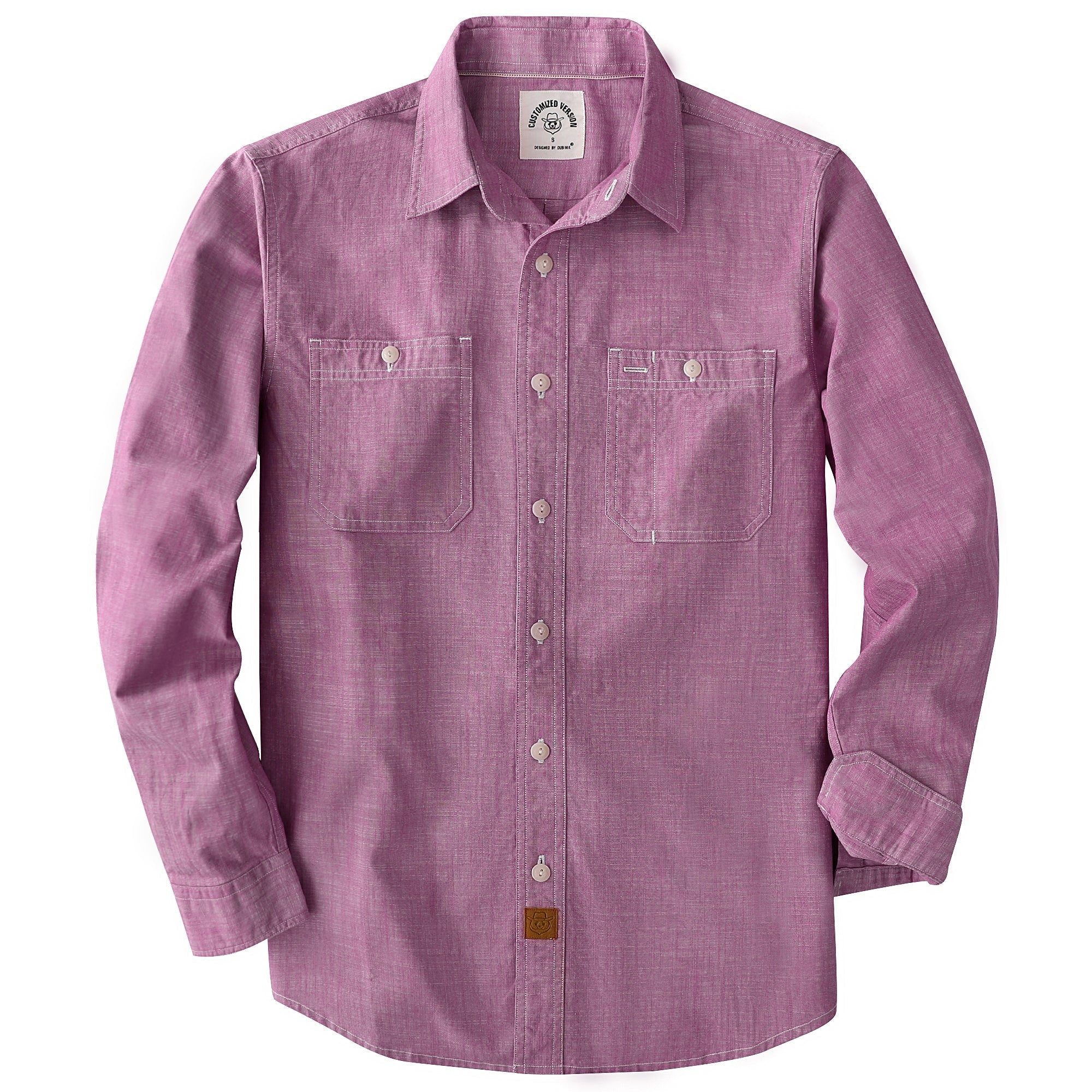 Dubinik® Dark Pink Chambray Long Sleeve Button-Front Closure Pocket Cotton Workshirt#58012