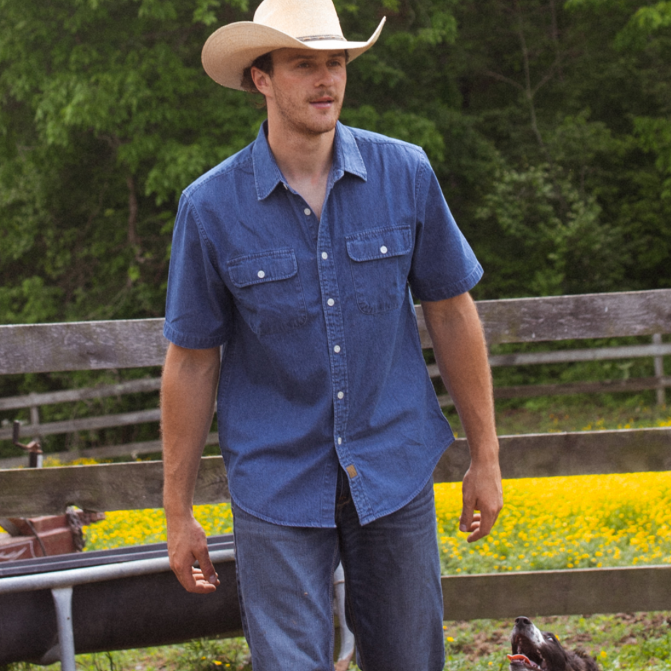 Mens Denim Shirts Button Down Short Sleeve Western Cotton Casual Work Jean Shirt #5505